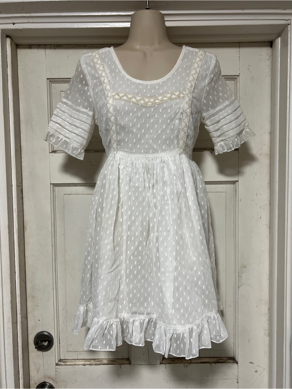 White Swiss Dot Ruffled Mini Dress XS
